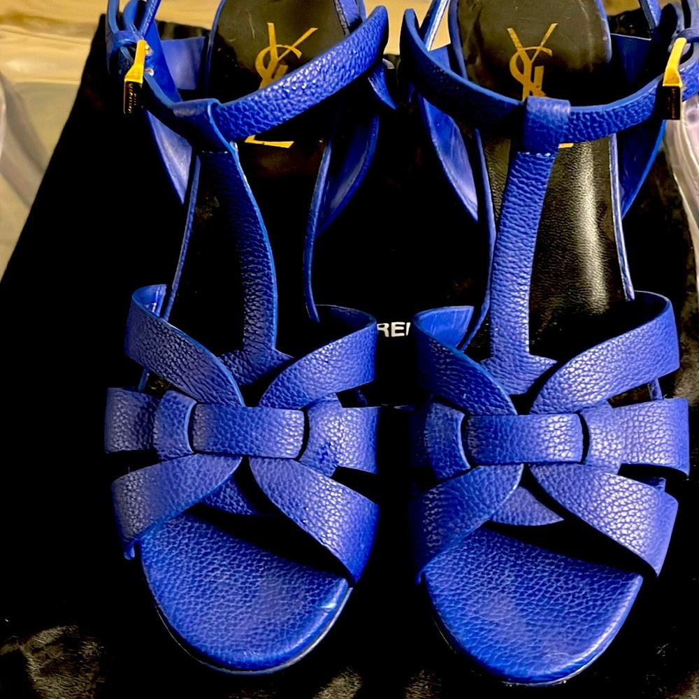 Authentic YSL Saint Laurent Tribute Outremer Royal Blue Cobalt Stiletto Sandal